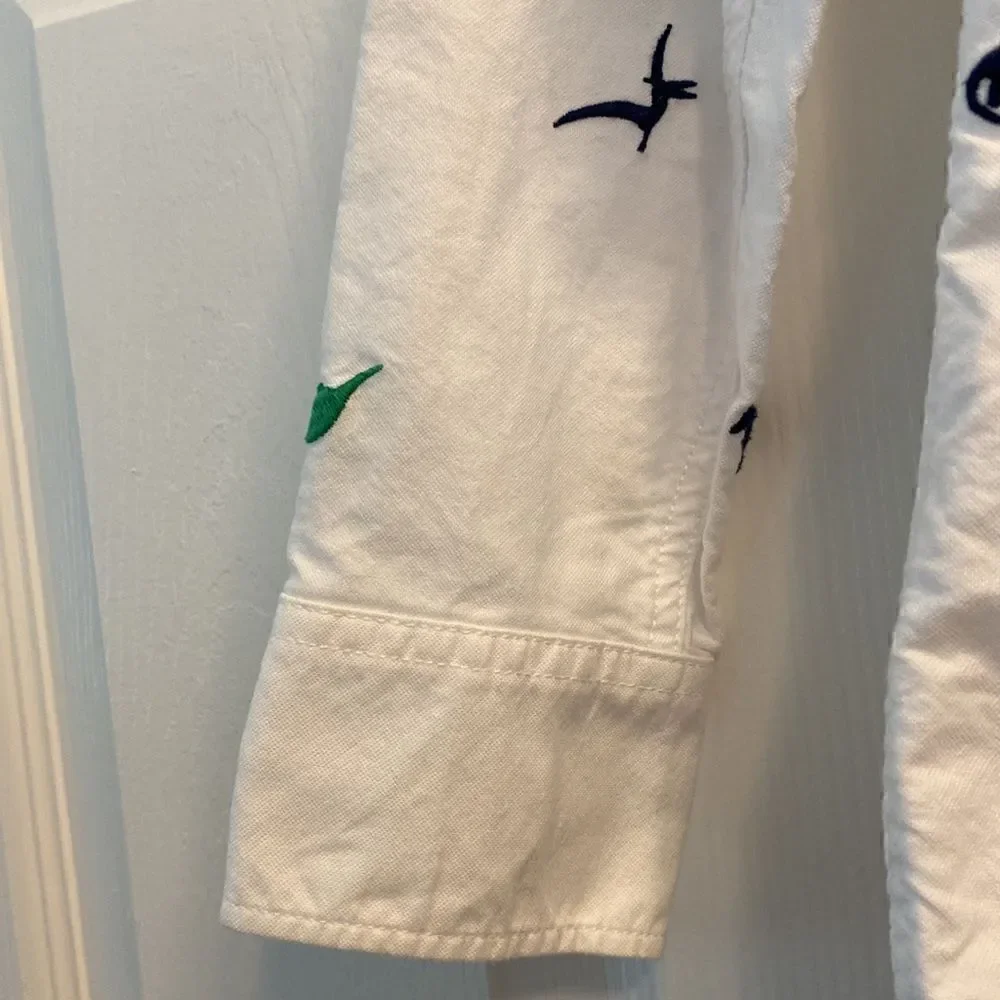 Mini Boden White Button Down Embroidered Dinosaur Shirt